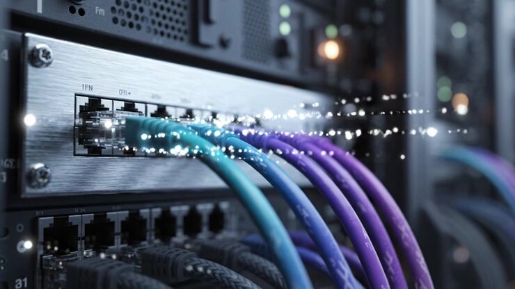 Close-Up of Network Cables Connected to a Server Rack, Showcasing Colorful Ethernet Connections and Active Network Devices for Enhanced Data Transmission