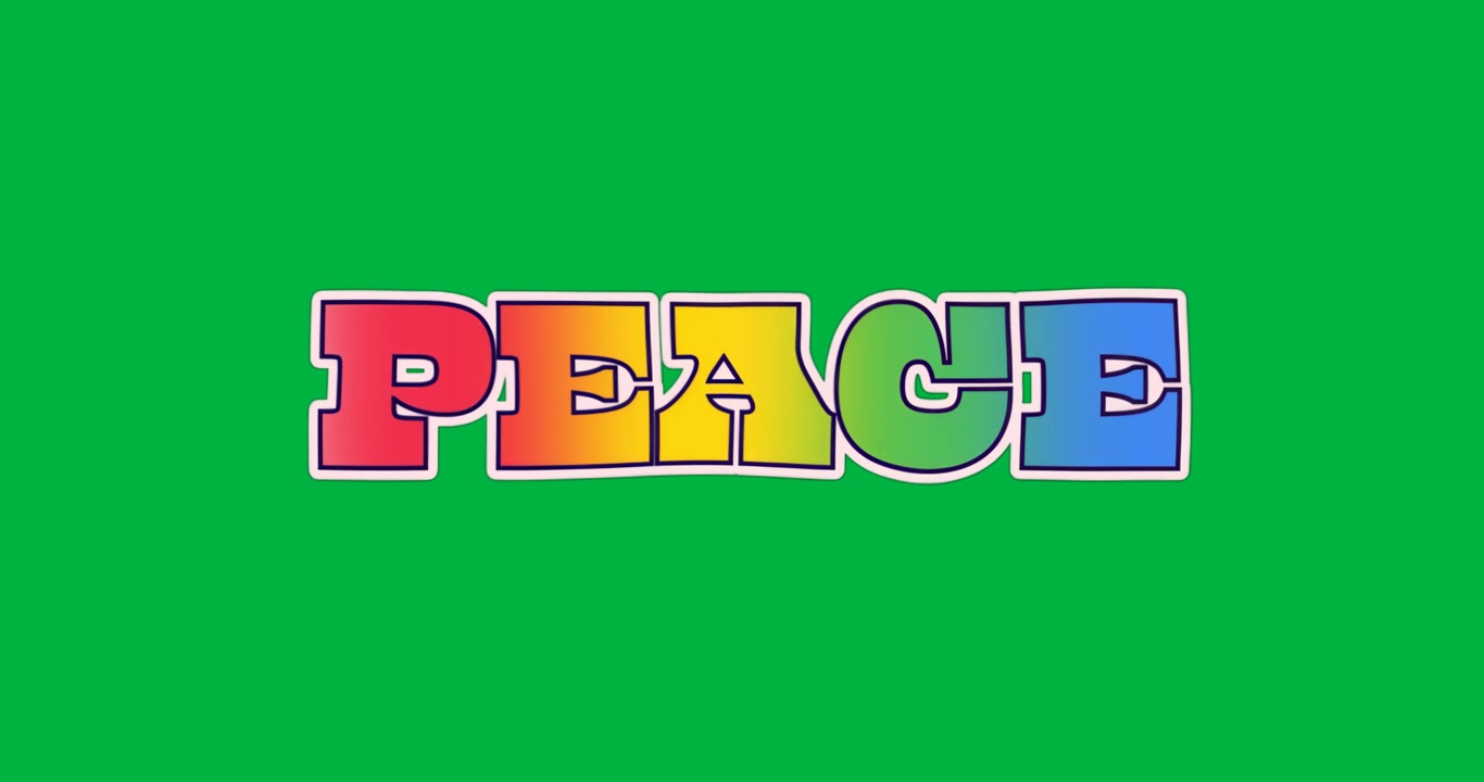 Lettere "PEACE" fluttuanti con riempimento sfumato arcobaleno e contorno su sfondo trasparente per marketing