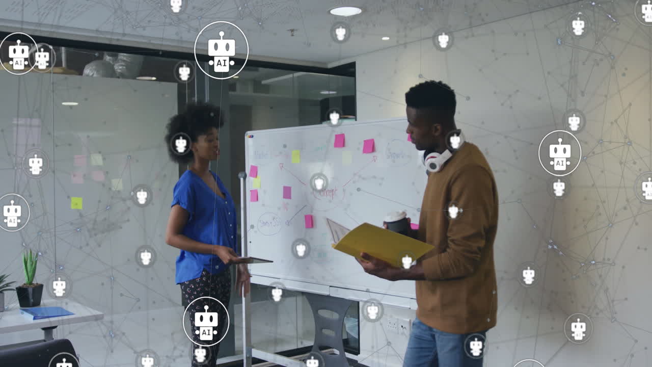 Animation of robot icons over diverse colleagues discussing work