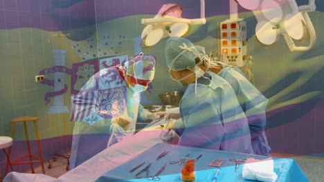 animation of flag of spain waving over surgeons in operating theatre