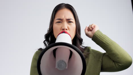 asian woman, megaphone and voice in protest