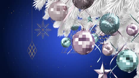 Animation-of-christmas-tree-with-baubles-over-christmas-decorations-on-blue-background