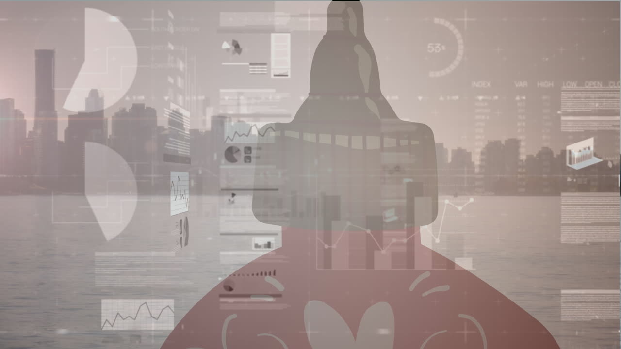 도시 풍경 위의 금융 데이터 처리 애니메이션
