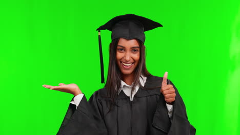mujer feliz, estudiante y palma con los pulgares hacia arriba