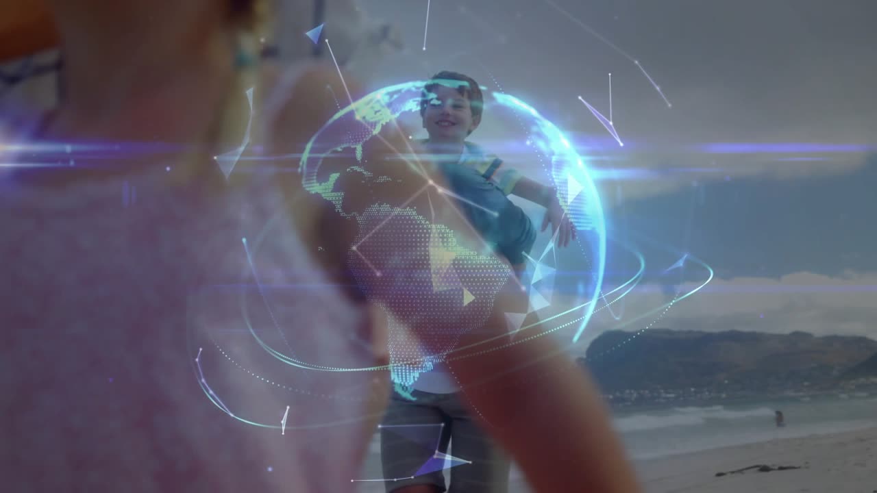 Mom holding girl's hand dad carrying son walking beach camera moving AR globe forming over group