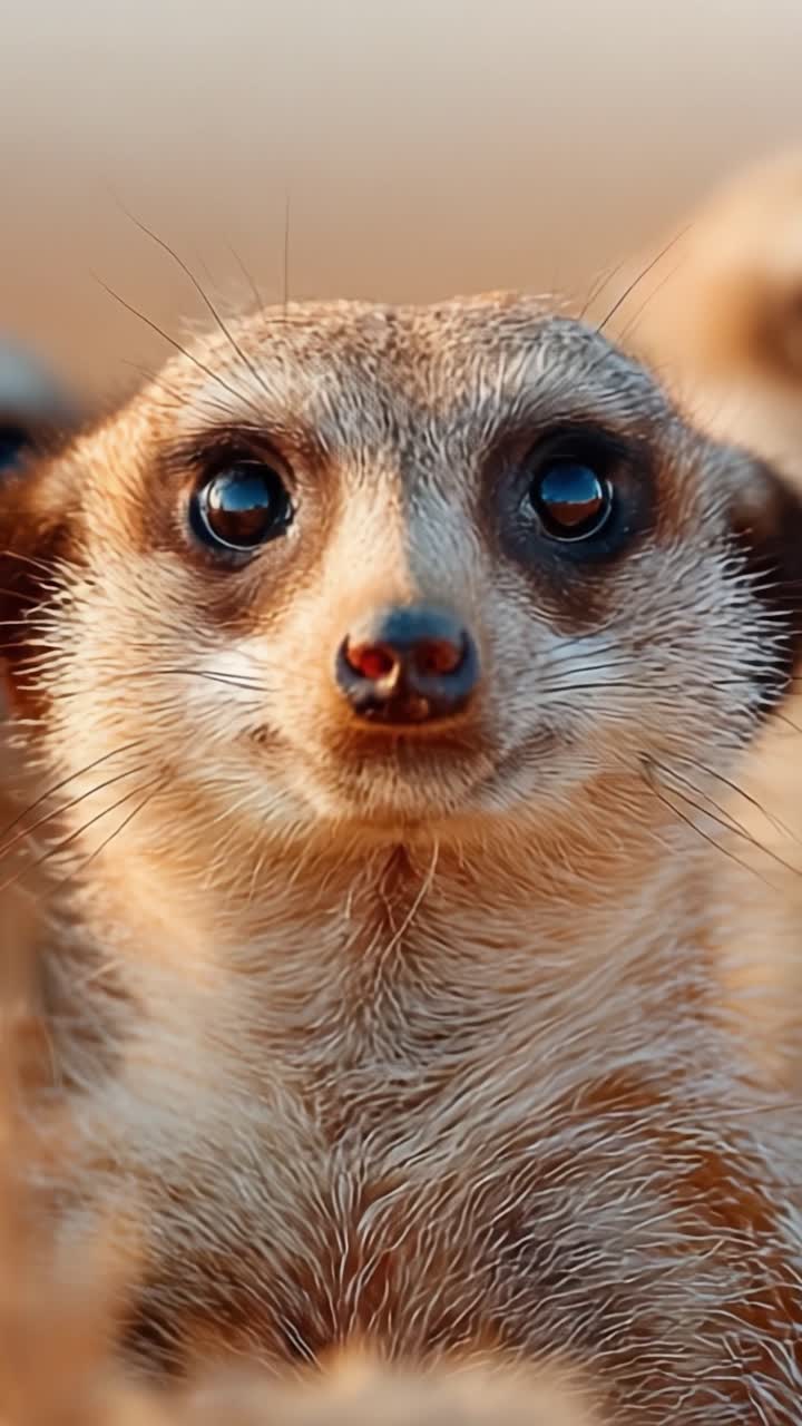 Primo piano accattivante di un suricato: un'espressione affascinante che mette in mostra le caratteristiche uniche e la natura tenera di questo animale sociale nel suo habitat naturale.