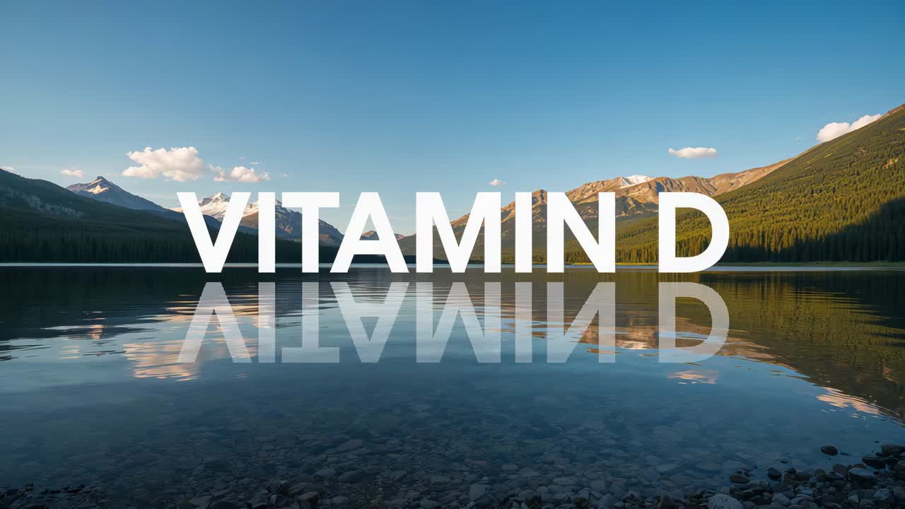Displaying VITAMIN D overlay on clip start, serving title card with mirror on mountain lake