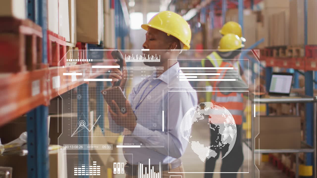 Warehouse workers using digital tablet with global data processing animation overlay