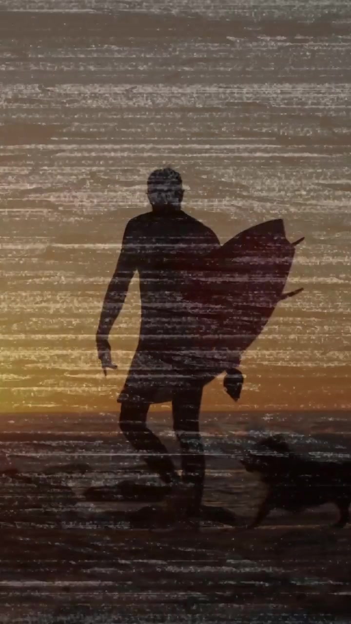 Surfista masculino después de surfear caminando por la orilla con la tabla, ajustándose, deteniéndose por un perro, con superposición de líneas de escaneo VFX.