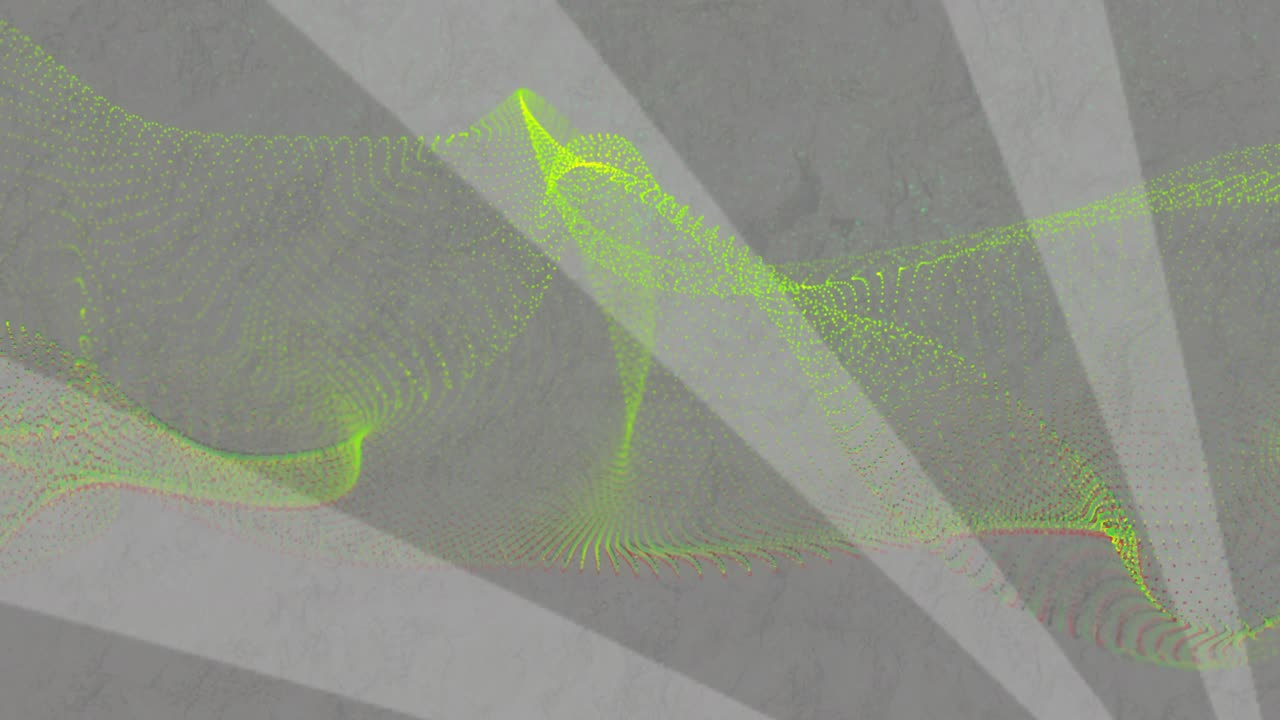 Neon-lime particle ribbon shifting, morphing after central node forming, showing wave depth