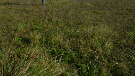 Male-engineer-walking-on-the-grass-towards-the-two-cellular-towers,-low-angle-tilting-shot-wide