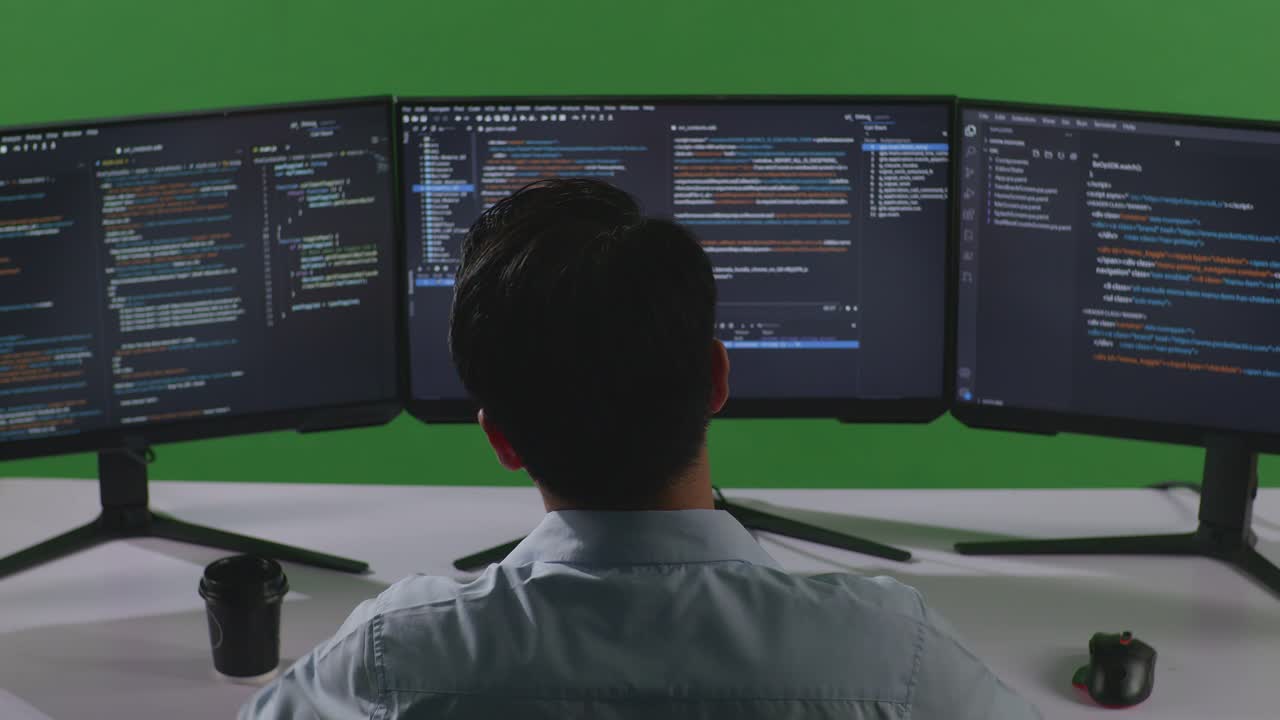 Back View Of Tired Asian Man Developer Stretching While Write Code With Multiple Computer Screens In Green Screen Studio