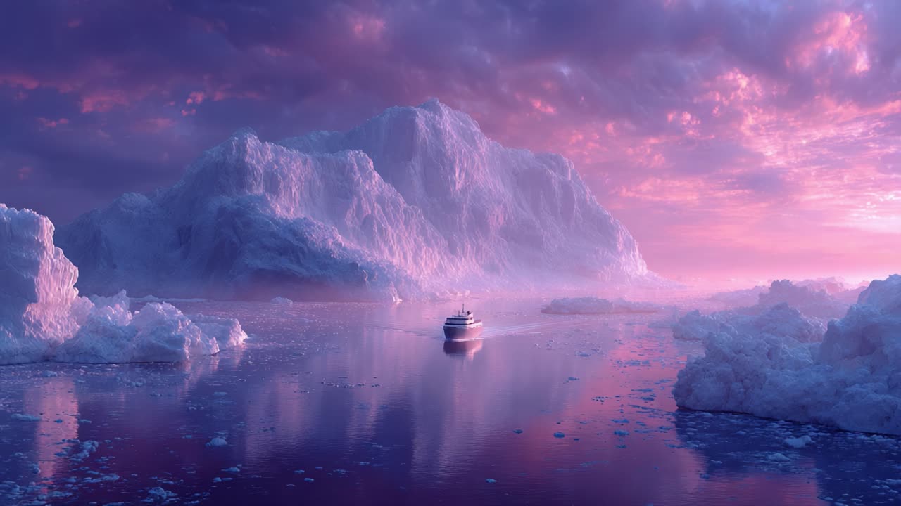 Un viaggio maestoso attraverso acque ghiacciate: l'incantevole spettacolo di una nave che solca sereni paesaggi glaciali sotto un cielo vibrante