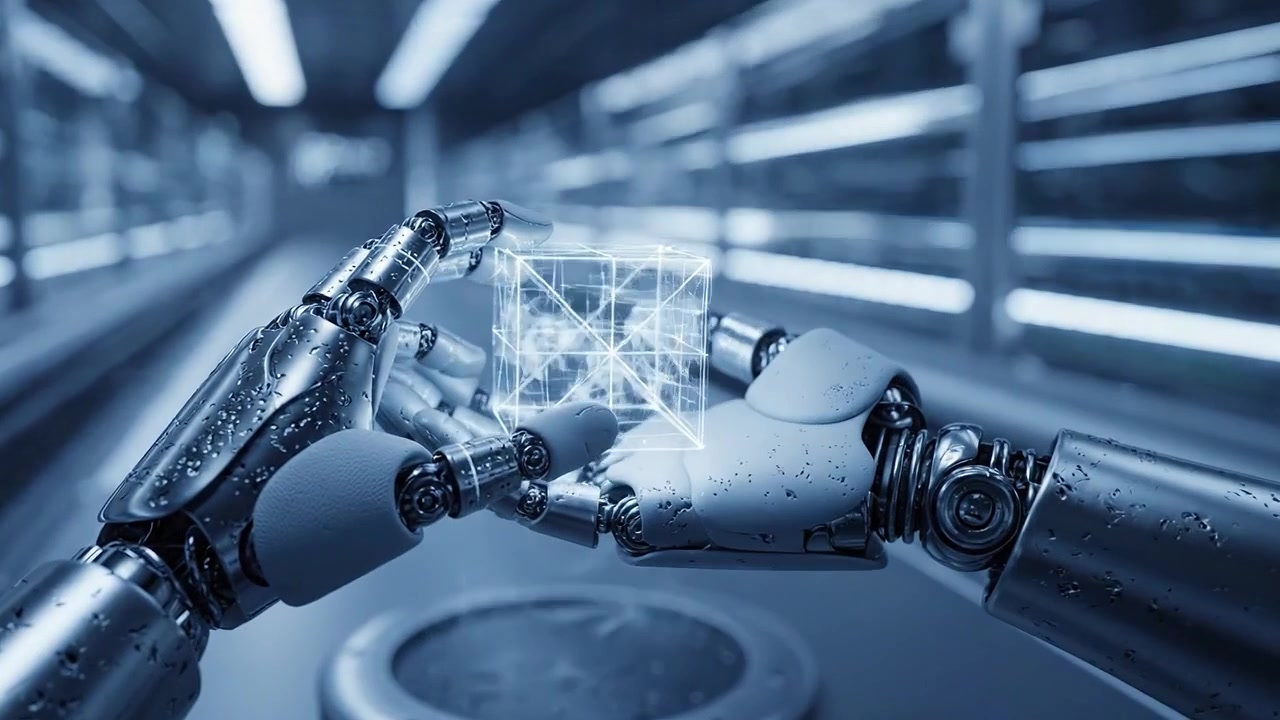 Una mano robótica interactúa con un cubo holográfico en un entorno futurista que muestra tecnología avanzada e interfaces digitales.