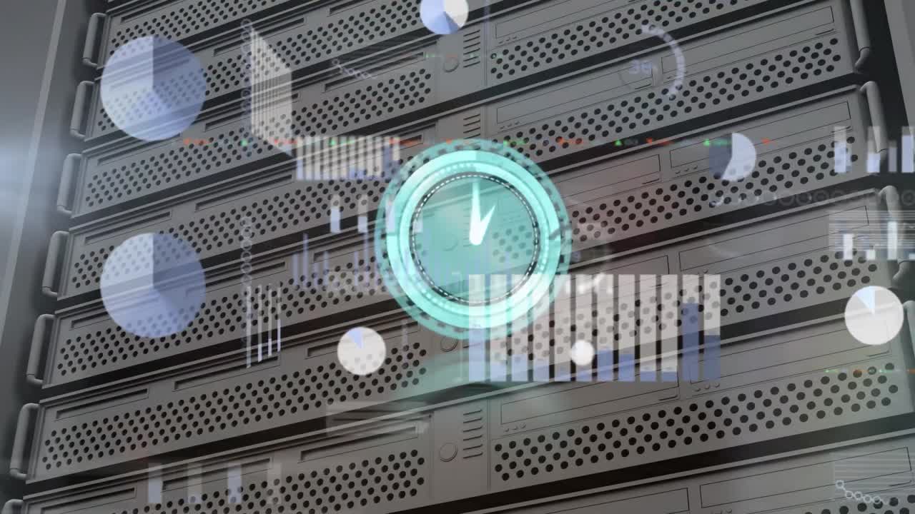 Animation of clock, graphs, trading board and loading bars against server racks in background