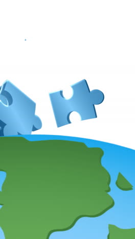animation of blue puzzle pieces falling over globe on white background