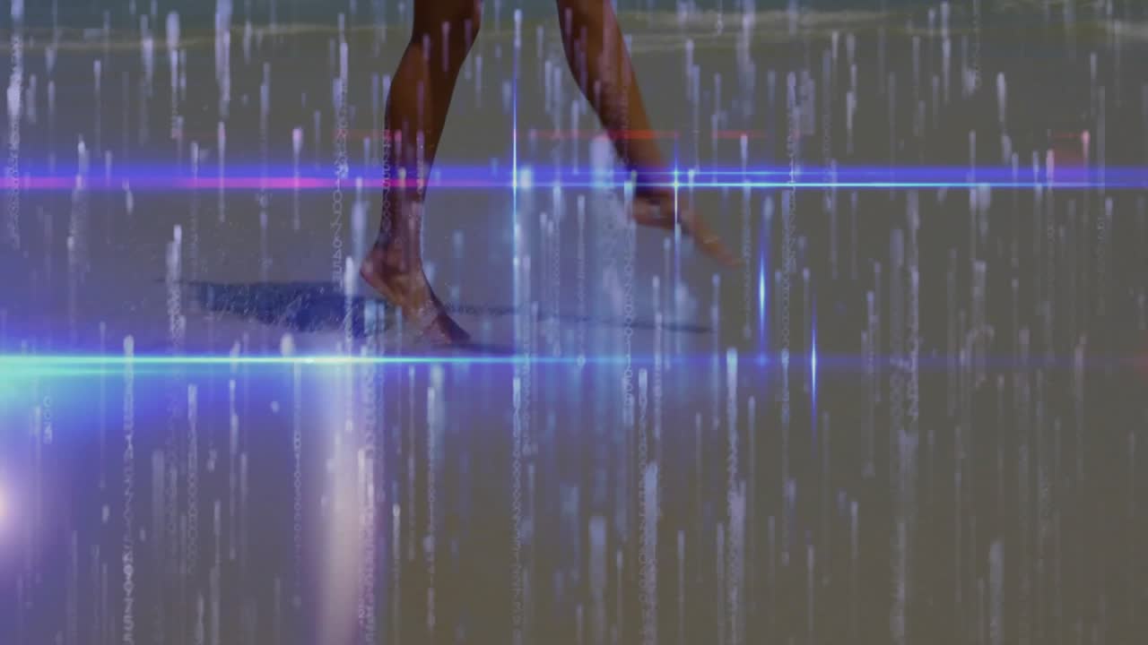 Camera focusing on woman's bare feet initiating shore exploration, showing technology glitch lines