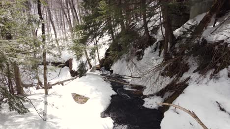 Stream-flows-through-snow-covered-woodland,-white-winter-landscape,-aerial