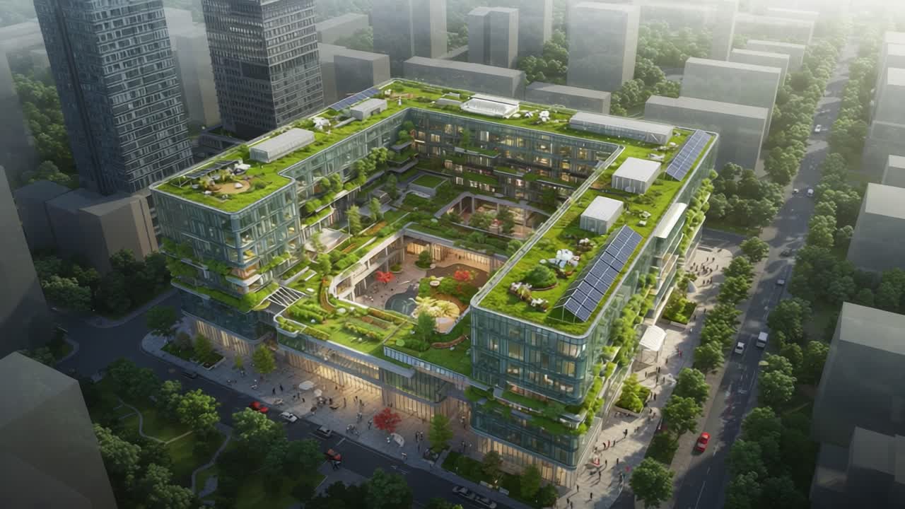 Aerial View of a Modern Green Building with Lush Rooftop Gardens and Sustainable Features, Surrounded by Urban Architecture and Cityscape