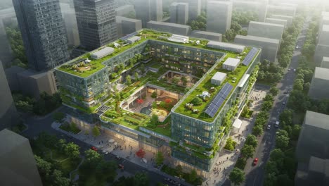 aerial view of a modern green building with lush rooftop gardens and sustainable features, surrounded by urban architecture and cityscape