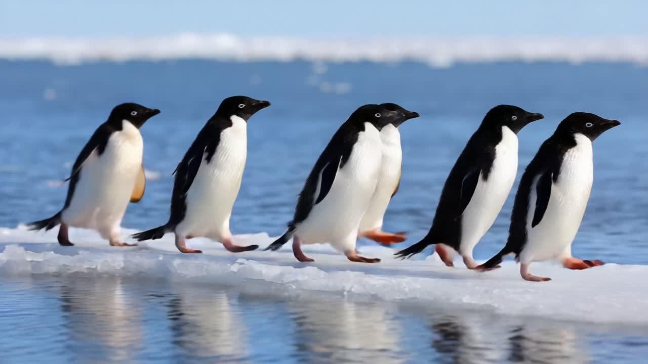 A Charming Line of Penguins Walking Along an Icy Edge, Showcasing Their Unique Gaits and Adaptations in the Frigid Antarctic Environment