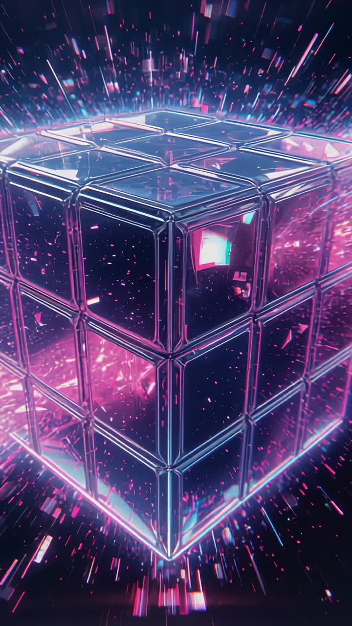Vertical video: Pulsing neon glow igniting cube of subcubes rotating in void, revealing pink energy