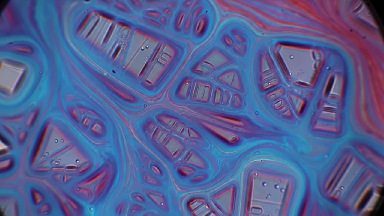 A Vivid Transition of Colors in Abstract Patterns: Exploring the Transformation from Aquatic Blues to Fiery Reds in Captivating Microscopic Imagery