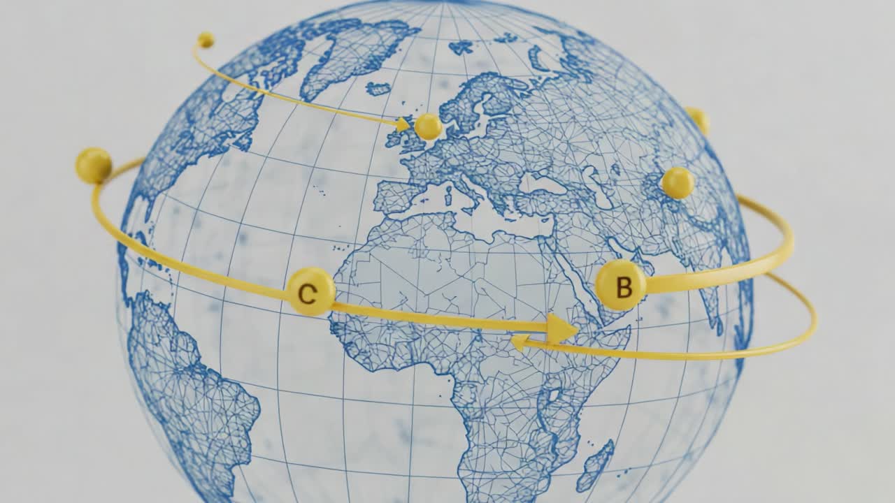 Illustration of a Detailed Geographical Globe with Rotational Paths Indicating Various Educational Points of Interest Across Continents