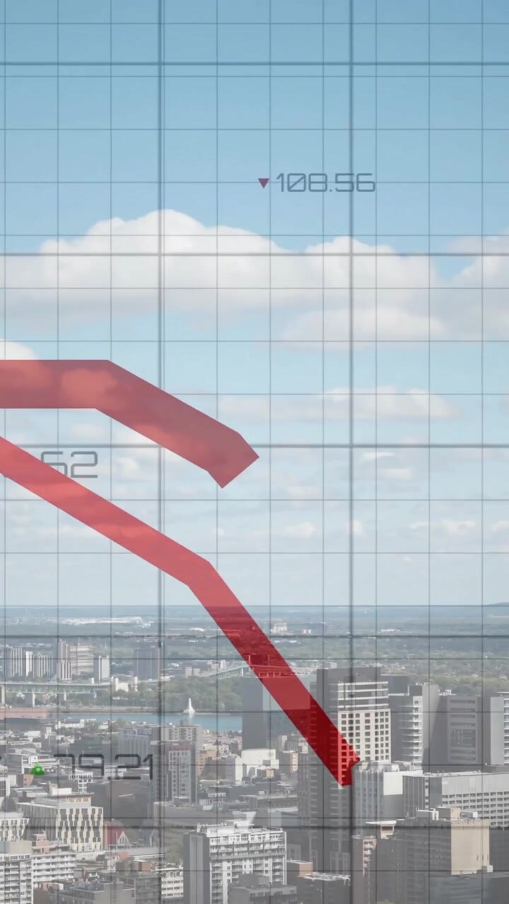 Animation of graphs processing data over cloudy sky and cityscape