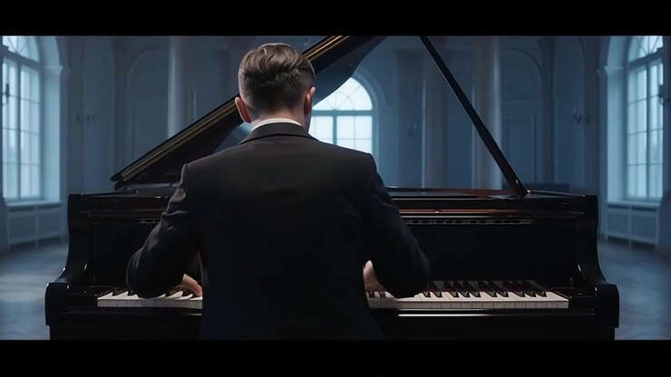 Professional Pianist Playing Grand Piano in Elegant Concert Hall