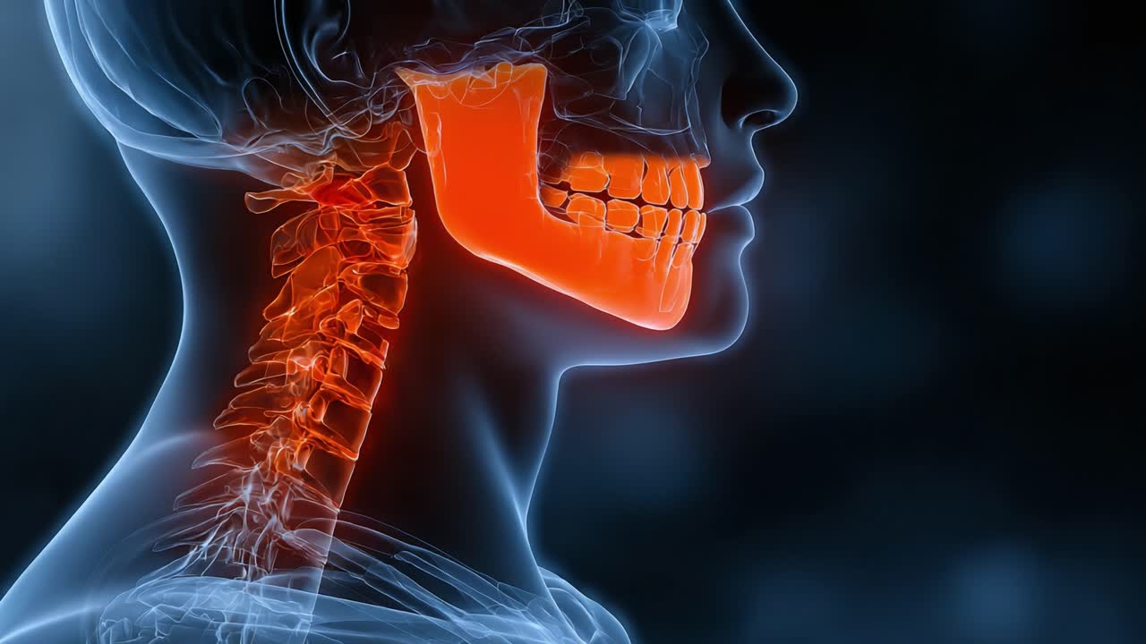 Visualizzazione dettagliata a raggi X della colonna vertebrale cervicale umana e della struttura della mascella, che evidenzia le caratteristiche anatomiche chiave a scopo educativo