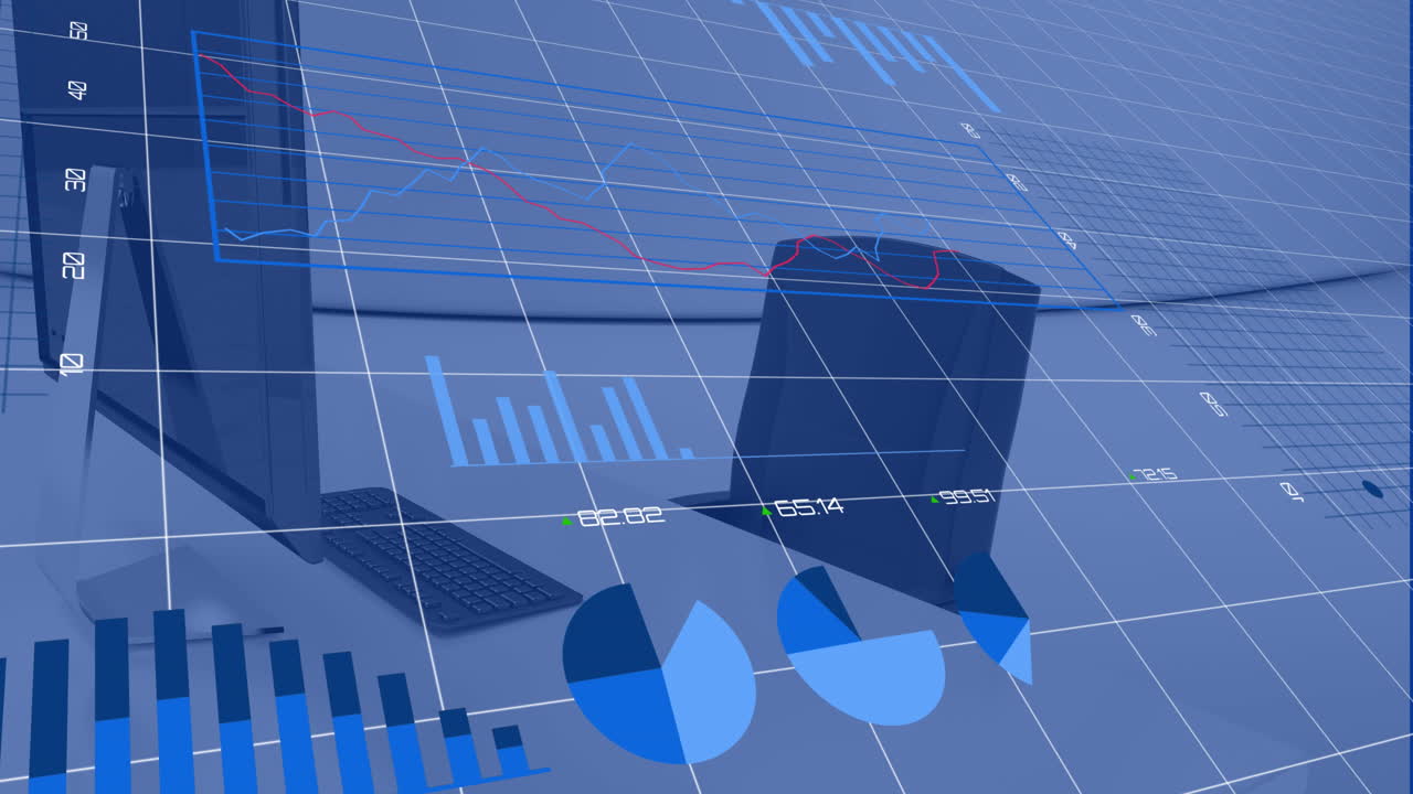 Animation of statistical data processing against close up of a desk at office