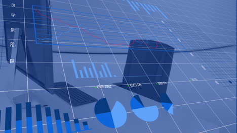 animation of statistical data processing against close up of a desk at office