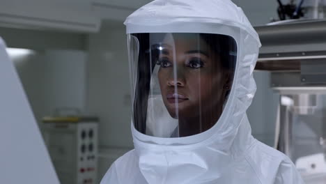woman in hazmat suit