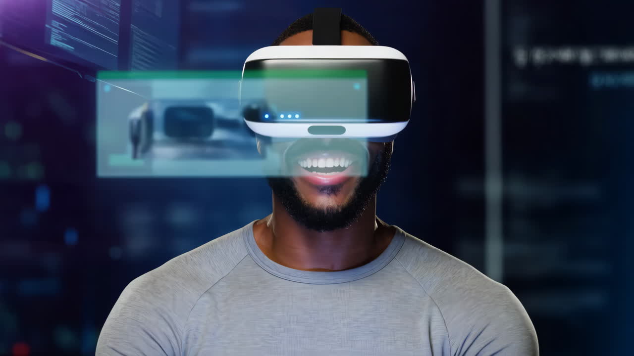 Man wearing VR headset interacting with virtual interface