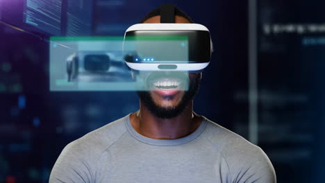 man wearing vr headset interacting with virtual interface