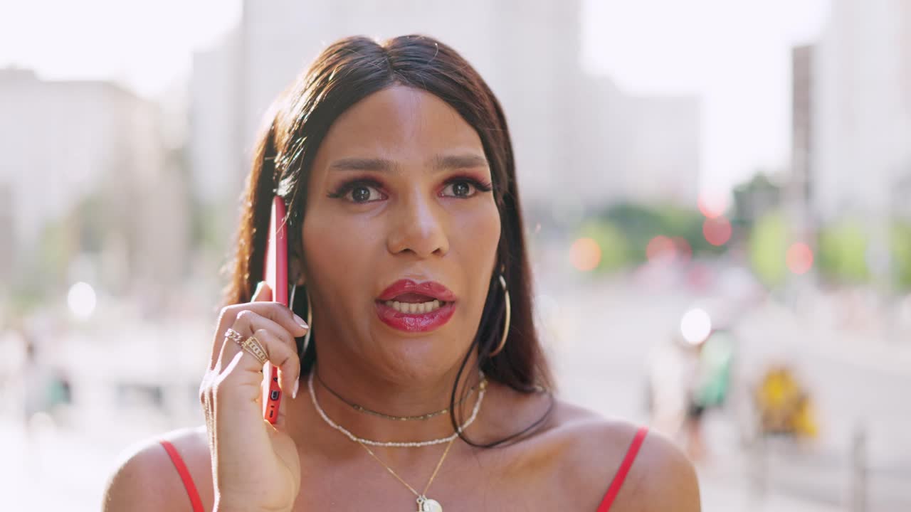 Woman Talking on Phone Outdoors with Changing Expressions