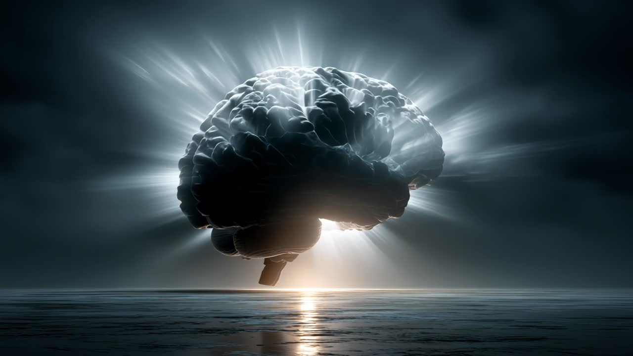 Brain with light rays. A surreal portrayal of a brain emitting bright light rays against a dark ocean backdrop at sunset.