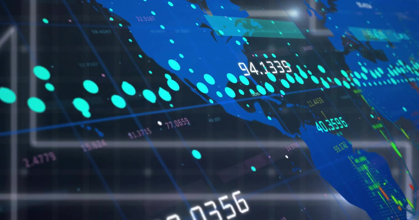 Camera panning revealing blue world map on tech HUD, moving turquoise markers visualizing data