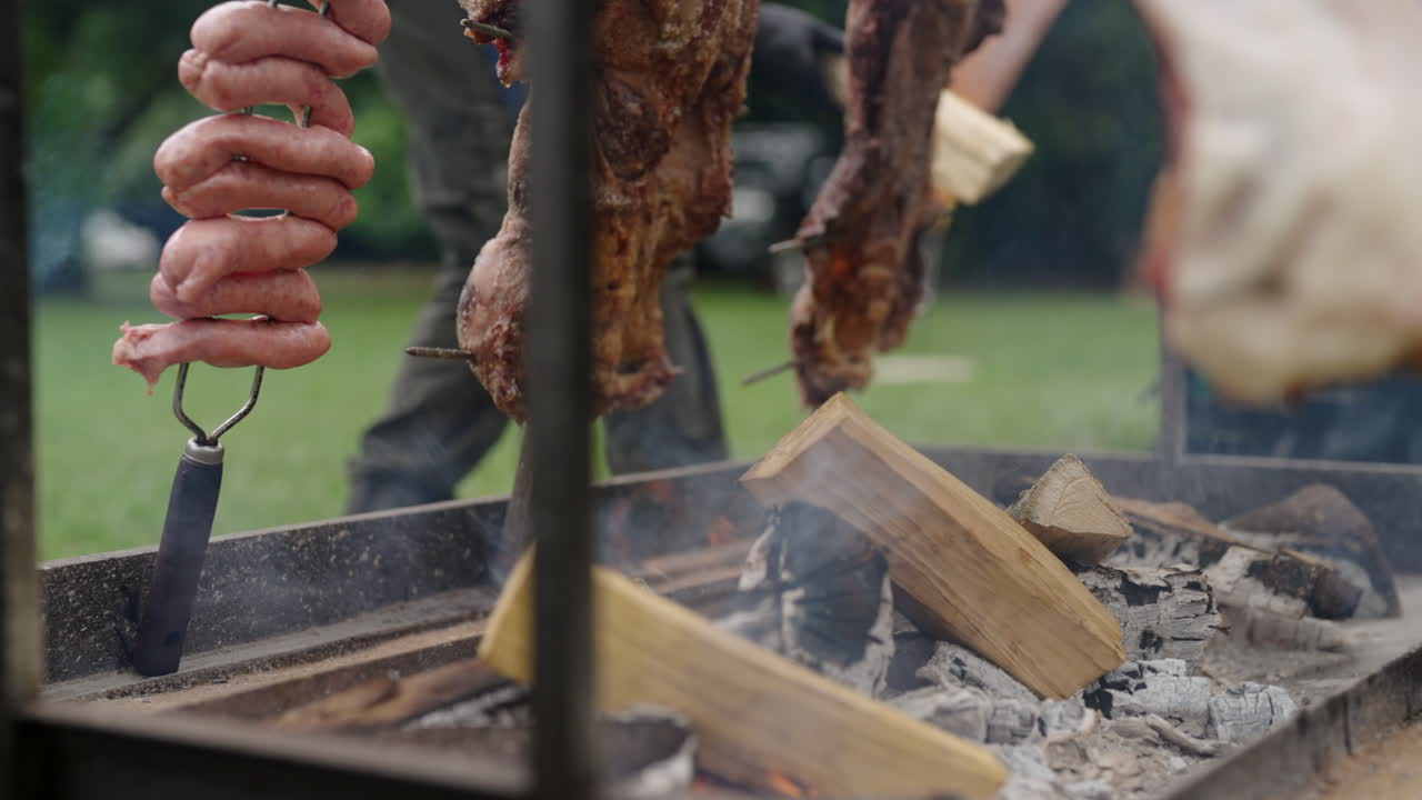 Traditional Argentinian asado with meat and sausages cooking over wood fire outdoors, authentic barbecue culture and culinary tradition
