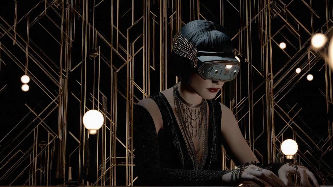 En mystisk kvinde fordybet i virtual reality: Omsluttet af et kunstnerisk miljø fyldt med slående geometriske mønstre og lysende kugler udforsker hun et futuristisk rige af fantasi og teknologi.