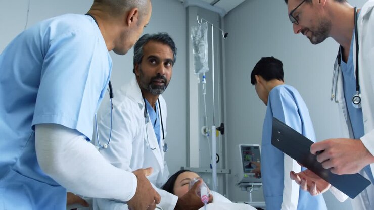 Gruppo di medici che lavorano insieme su un paziente in un letto d'ospedale 4k