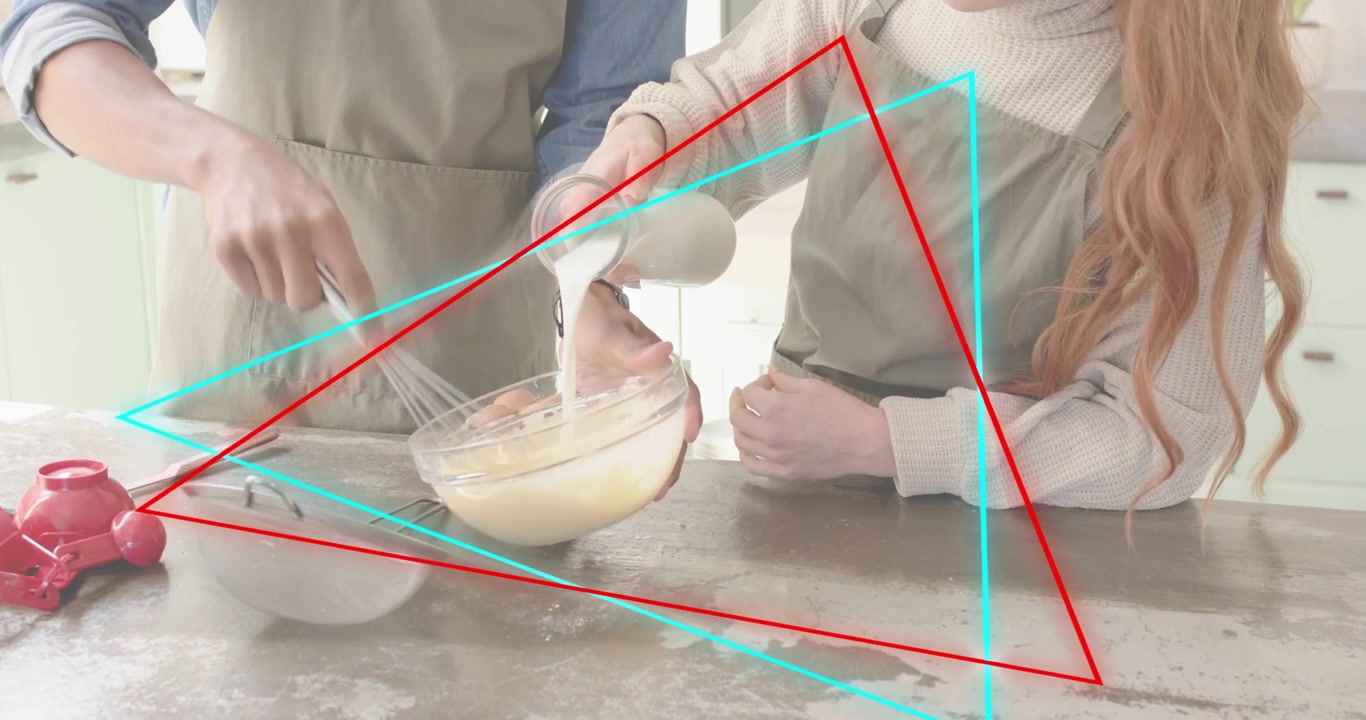 Cuochi che prendono una brocca di latte versandola in una ciotola, uomo che sbatte la pastella, icone animate che mostrano i passaggi della preparazione del cibo