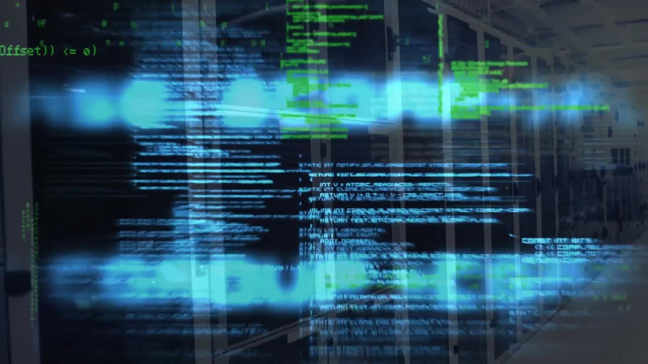 animación del lenguaje informático contra el rack del servidor en la sala del servidor