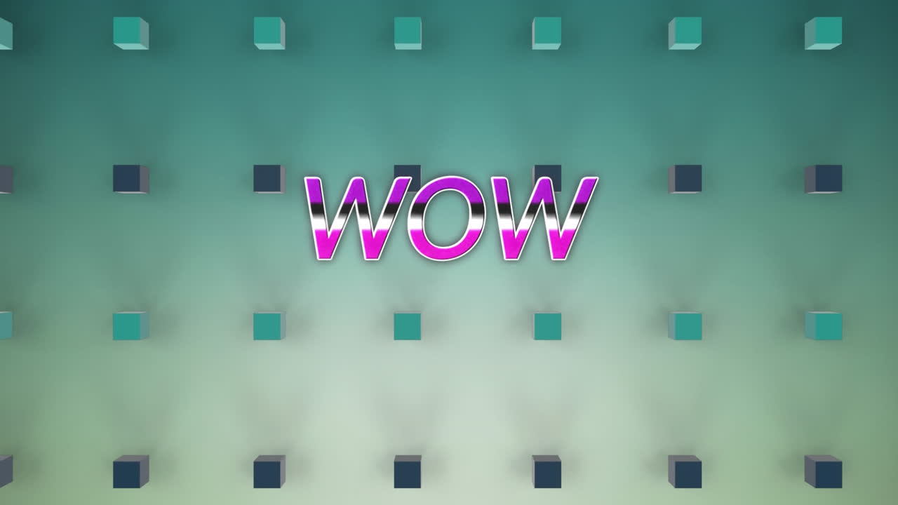 파란색 그라디언트 배경의 3d 사각형 모양에 대한 와우 텍스트 배너의 애니메이션