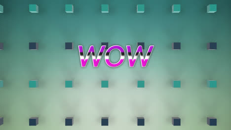 animación de banner de texto wow contra formas cuadradas 3d en fondo de gradiente azul