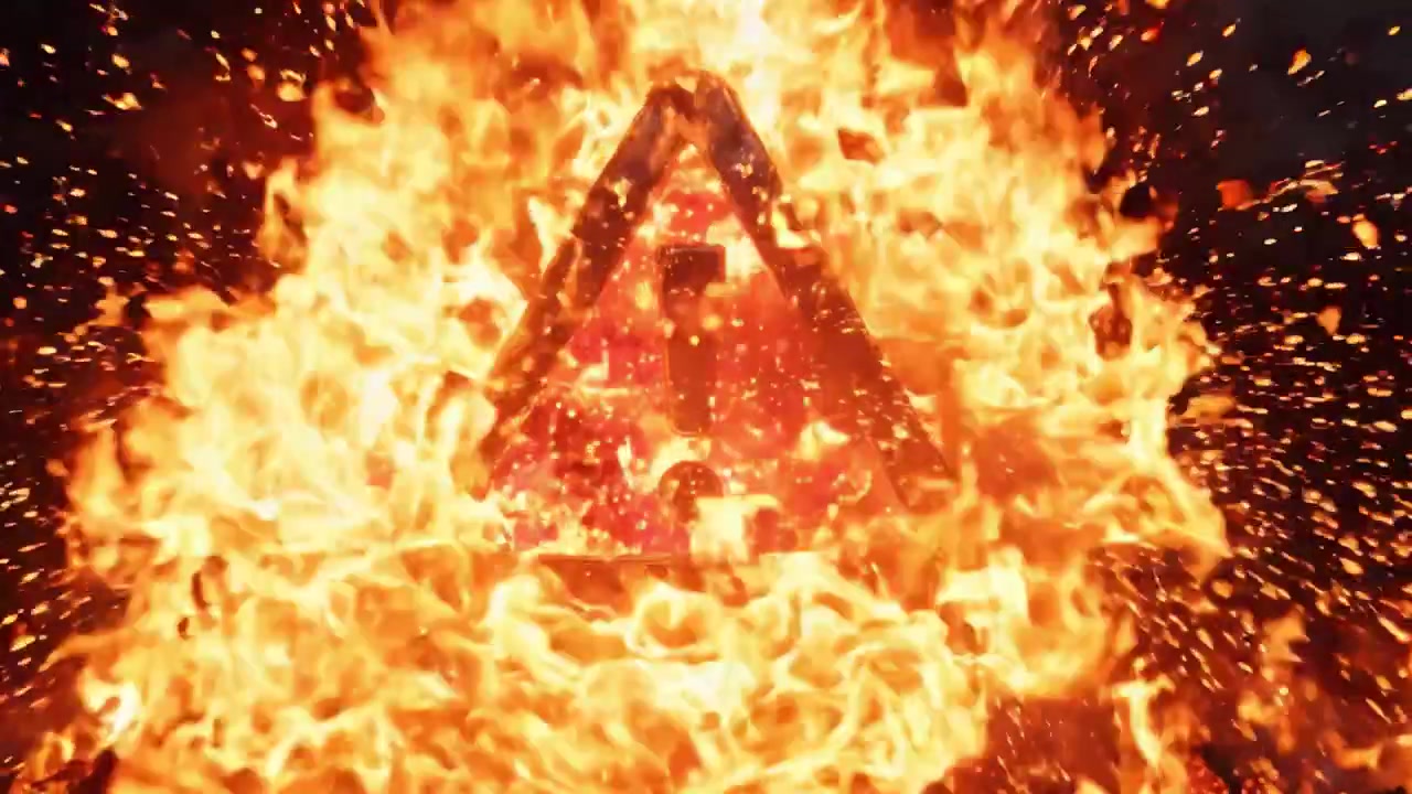 An intense visual representation of a warning symbol engulfed in flames, highlighting the urgency and danger associated with fiery environments and cautionary messages.