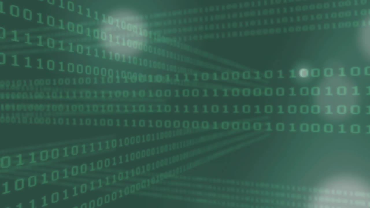 Digitally generated video of binary coding and glowing spots moving against green background