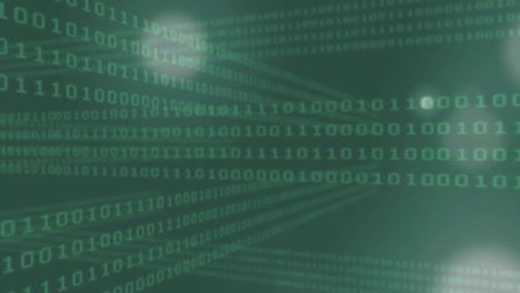 Digitally generated video of binary coding and glowing spots moving against green background