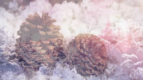 animación de dos conos de pino en la nieve sobre un paisaje de invierno
